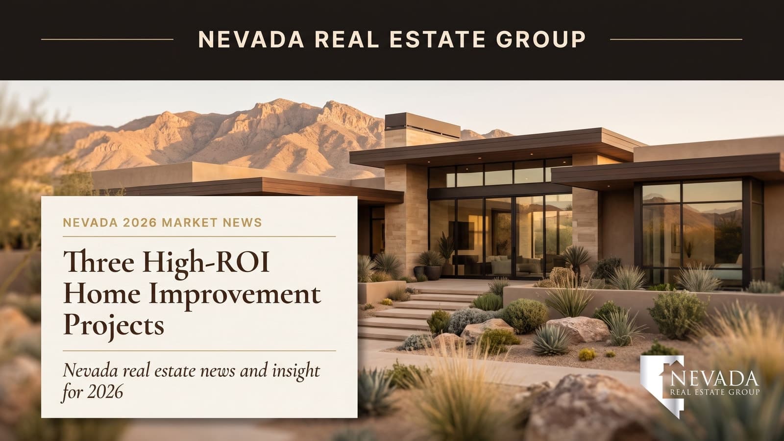 Renovated Las Vegas home exterior with desert landscaping and updated entry at dusk