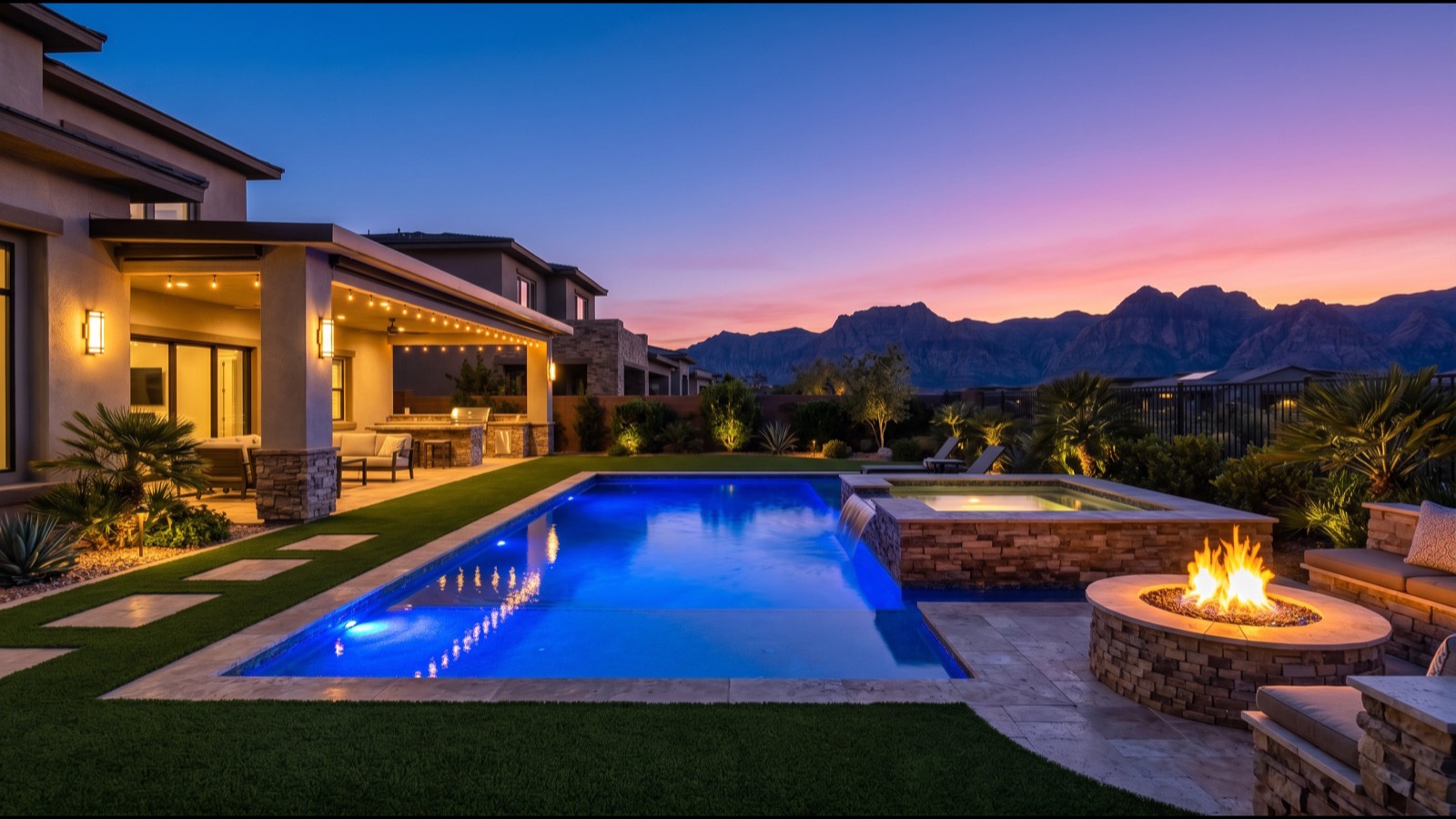 Sparkling backyard pool and desert patio on a Las Vegas home at dusk