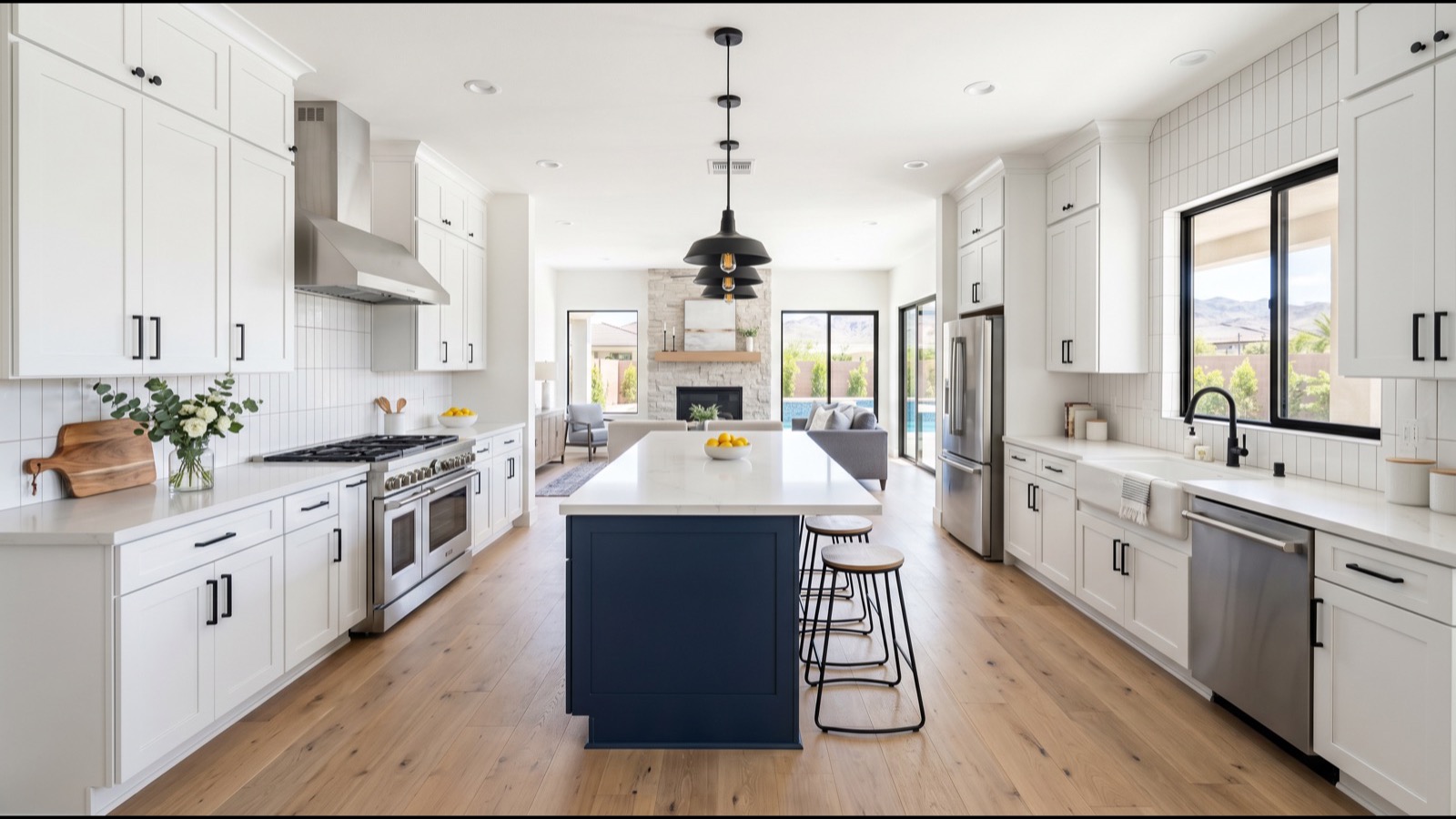 Refreshed Las Vegas kitchen with painted cabinets, new hardware and quartz counters