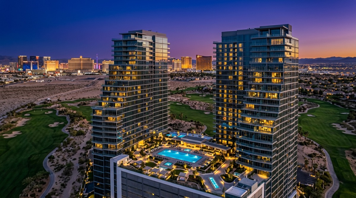 Las Vegas high-rise condo tower near the Strip corridor, a common short-term-rental investment property type
