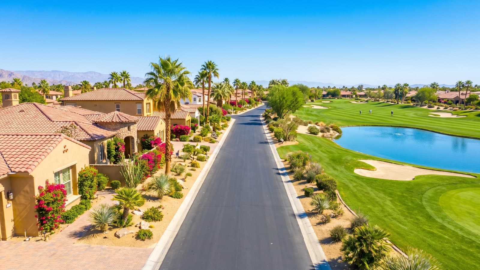 Single-story homes along a green fairway and lake at a Las Vegas-area 55+ golf community