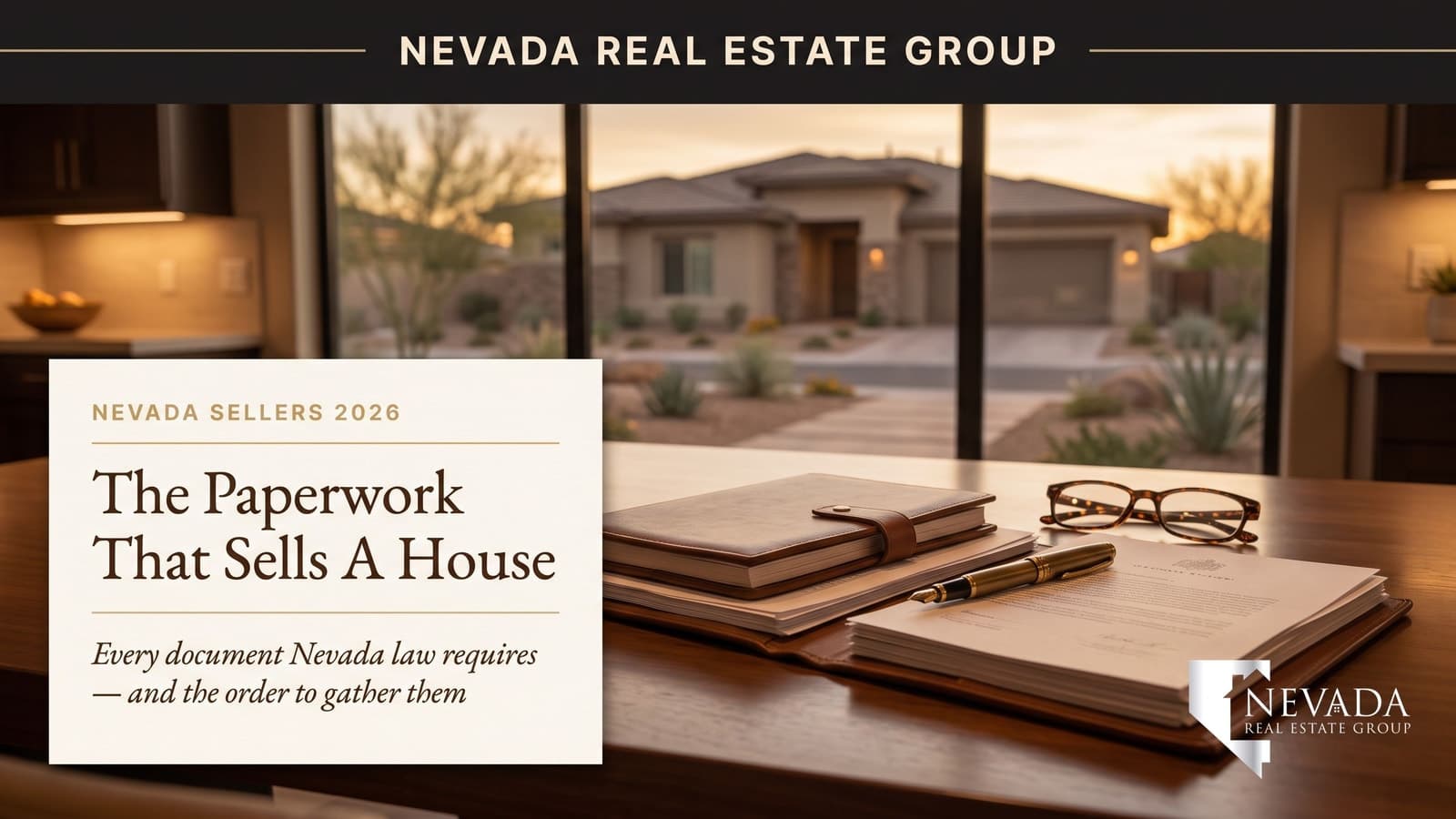 Nevada home seller reviewing the required sale documents — disclosure forms, HOA resale package and escrow paperwork — at a kitchen table
