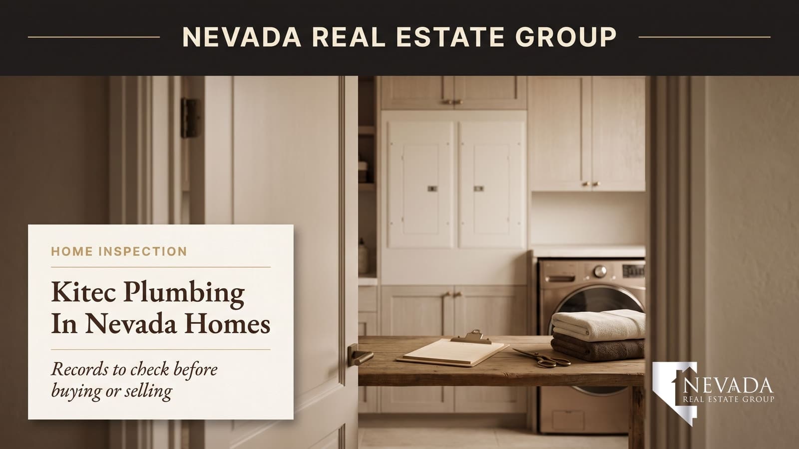Editorial illustration of a Nevada utility room and inspection records, not a photograph identifying Kitec plumbing