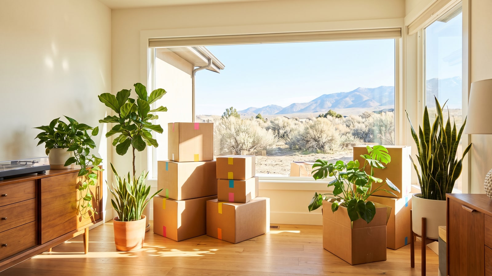 Sunny room in a Reno home with neatly packed labeled moving boxes and houseplants, mountains visible through the window, ready for a move after a successful sale
