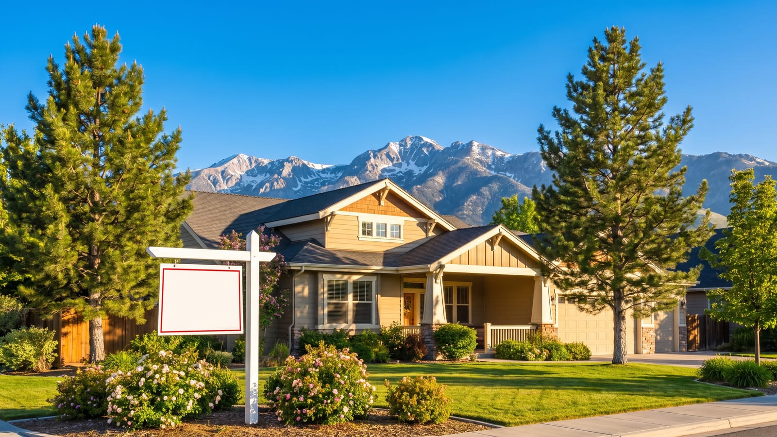 For-sale sign in front of a Reno Nevada home with green landscaping and the snow-capped Sierra Nevada mountains behind it on a sunny day