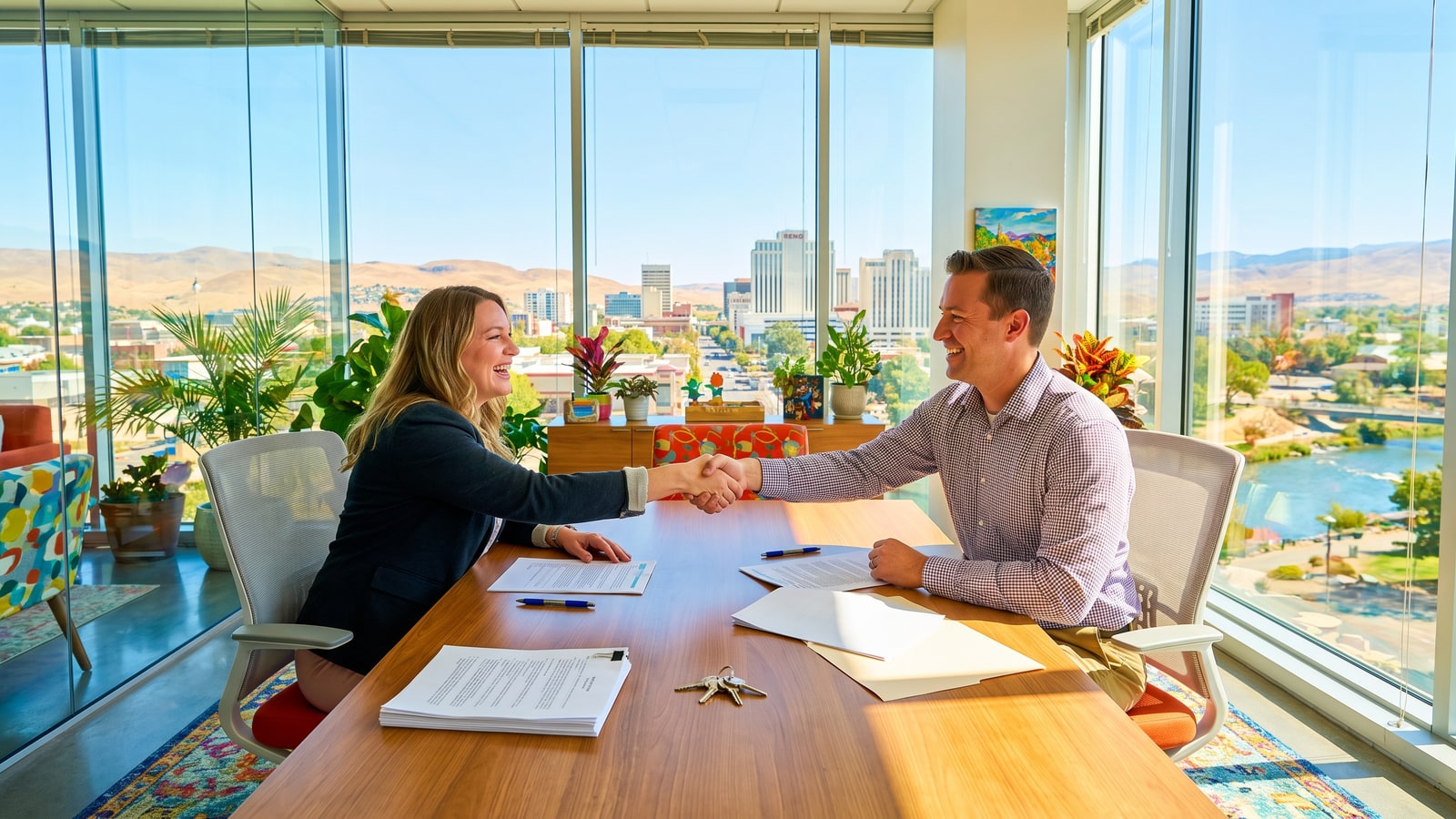 Home seller shaking hands with an escrow officer at a bright closing table with the Reno skyline behind them after a successful home sale