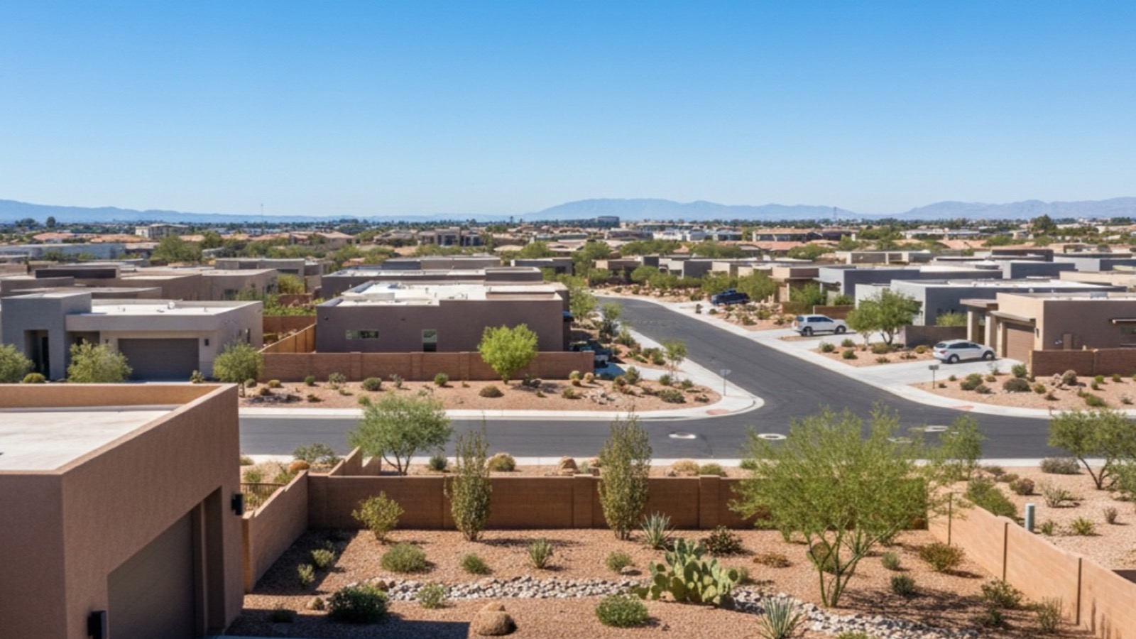 Las Vegas residential home exterior with for-sale sign at sunset