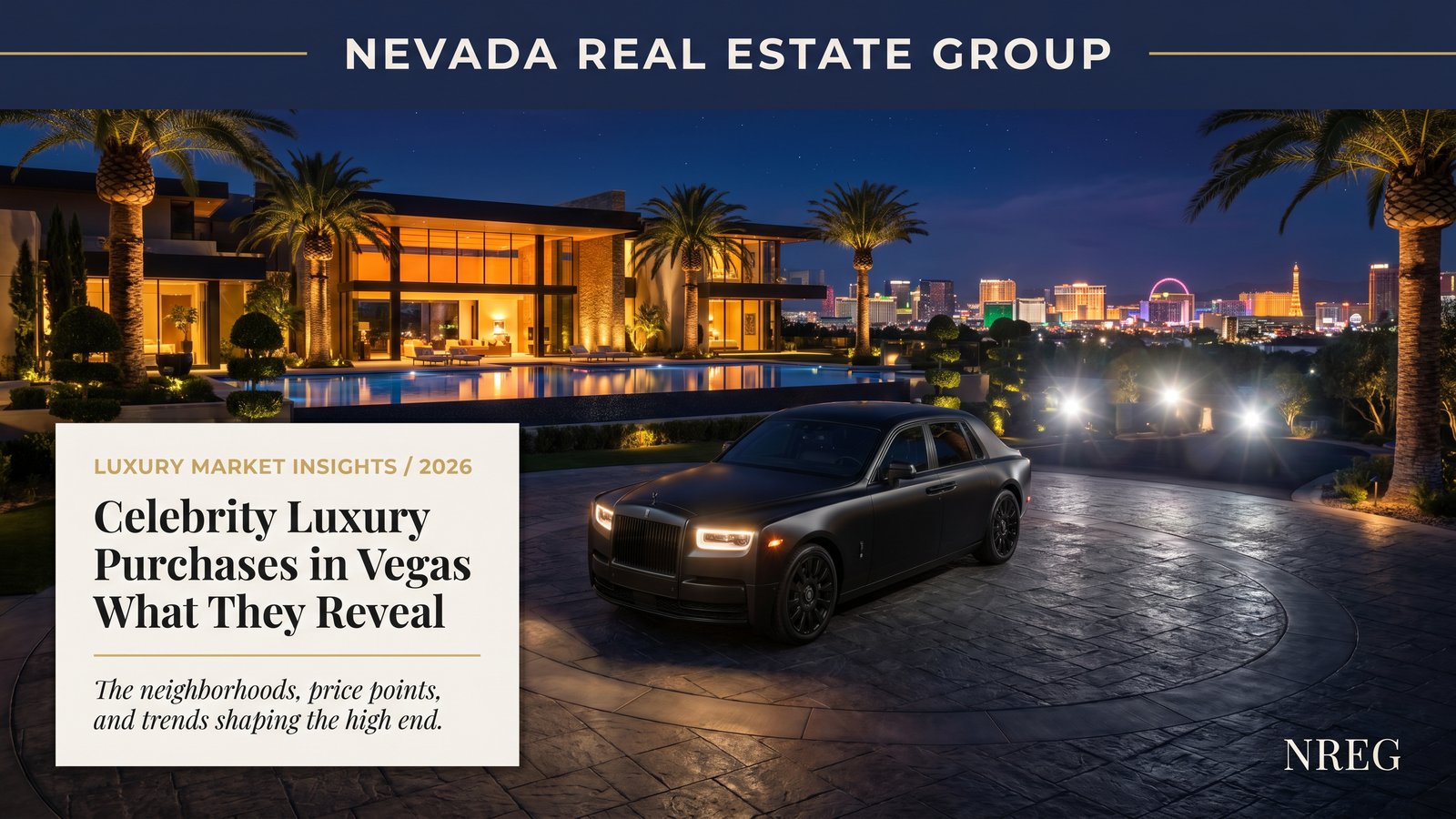 Summerlin Las Vegas luxury home exterior with mountain views at twilight