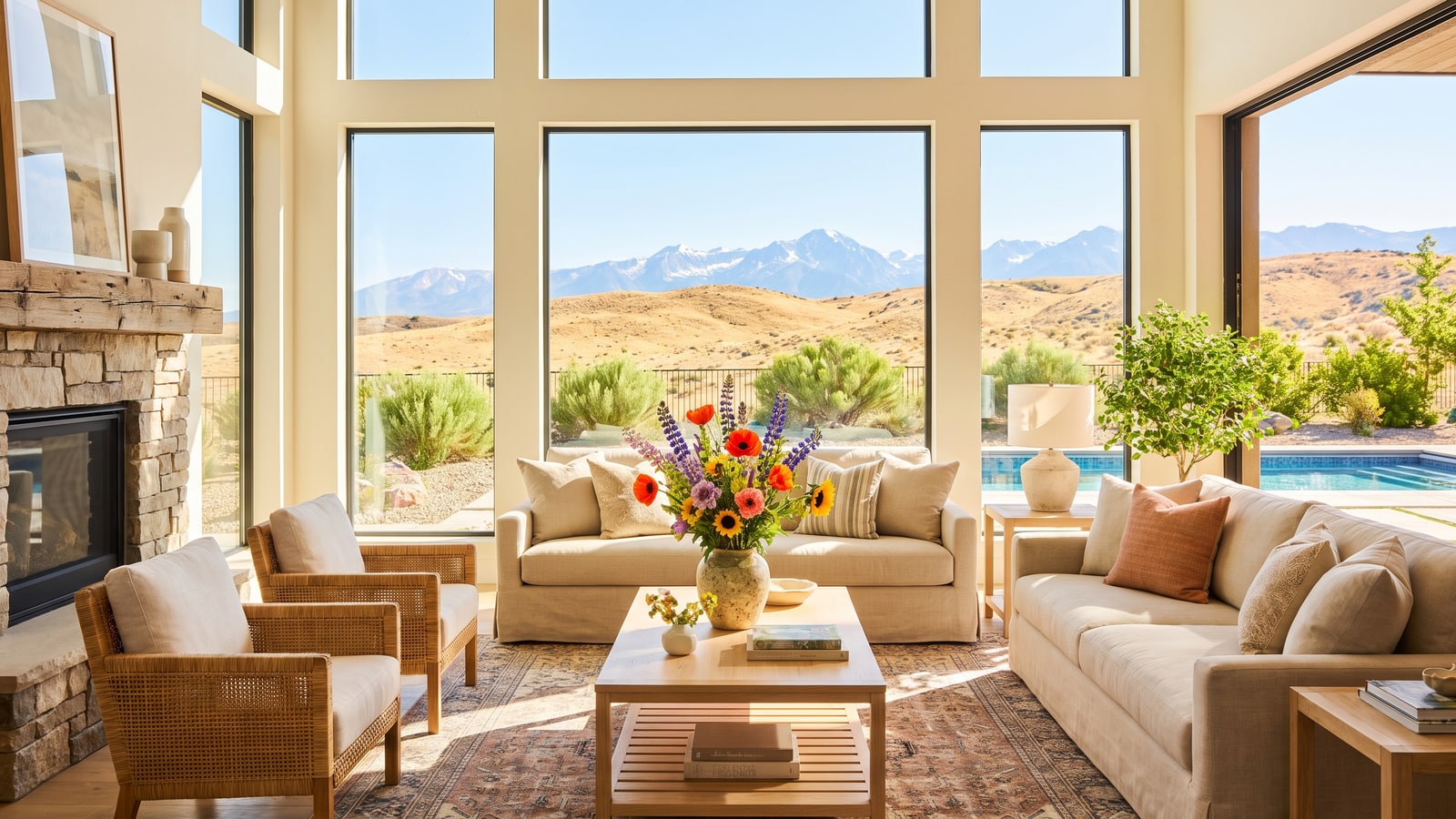 Bright professionally staged living room in a Reno home with large windows, mountain views, natural light, and neutral modern furniture